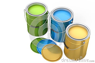 Set of open metal can or buckets of paint with handle on white background. Stock Photo