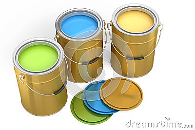 Set of open metal can or buckets of paint with handle on white background. Stock Photo