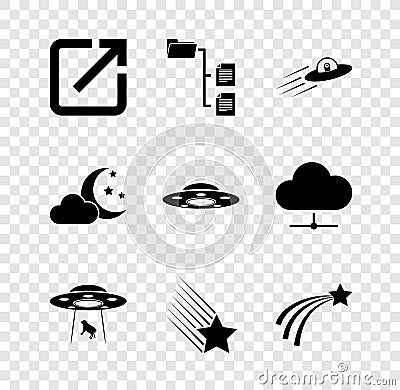 Set Open in new window, Folder tree, UFO flying spaceship and alien, abducts cow, Falling star and icon. Vector Vector Illustration