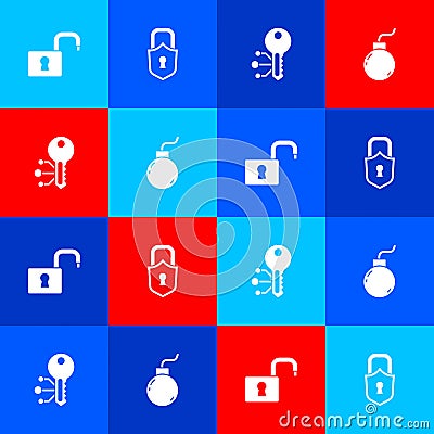 Set Open padlock, Lock, Cryptocurrency key and Bomb ready explode icon. Vector Stock Photo