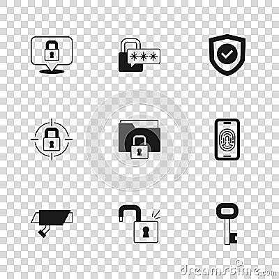 Set Open padlock, Mobile with fingerprint scanner, Old key, Folder and, Shield check mark, Lock, Cyber security and icon Stock Photo