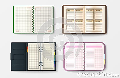 Set of open realistic notebooks with pages diary office sheet template booklet and blank paper education copybook Vector Illustration