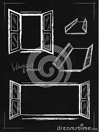 Set of open windows drawn in chalk. Architectural element hand drawing. Frame for card - Vector Cartoon Illustration