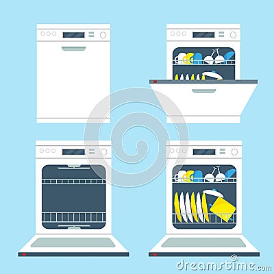 Set of opend and closed dishwasher machines. Vector Illustration