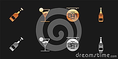 Set Opened bottle of wine, Martini glass, Street signboard with Bar and Champagne icon. Vector Vector Illustration