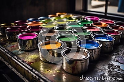 Set of opened colorful paint cans Stock Photo