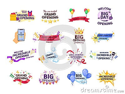 Set of opening label typography graphic design. Promotion announce stickers. Vector Illustration