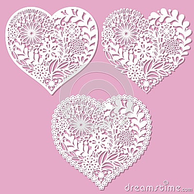 A set of openwork hearts with flowers.For laser cutting. Vector Illustration