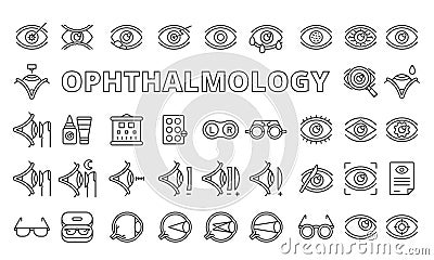 Set of Ophthalmology icons in line design. Eye, Vision, Glasses, laser correction, Contact lenses, Retina, Cataract Vector Illustration