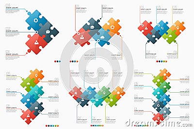 Set of 3-8 option infographic templates with puzzle sections Vector Illustration
