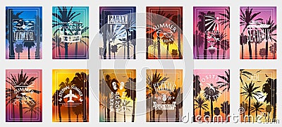 A set of 12 options for posters with palm trees. For all occasions to relax. For advertising, sales, discounts, super offers. Vector Illustration