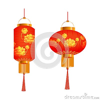 A set of orange Chinese lanterns. With lotus pattern. Round and cylindrical shape. Isolated on white background Vector Illustration