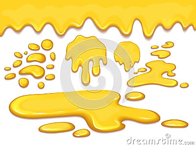 Set of orange honey drops and yellow splashes healthy syrup golden food liquid drip vector illustration. Vector Illustration