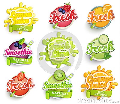 Set of orange, lemon, lime smoothie and fresh labels splash. Cartoon Illustration