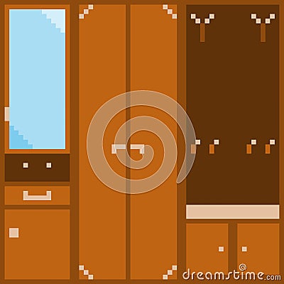 A set of orange modular furniture for the hallway in pixel style. Vector Illustration