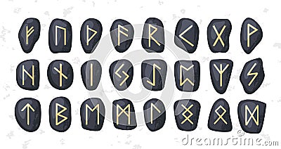 Set of ordered celtic or anglo saxon elder futhark runes alphabet carved on stones. Nordic or norse, germanic font Vector Illustration