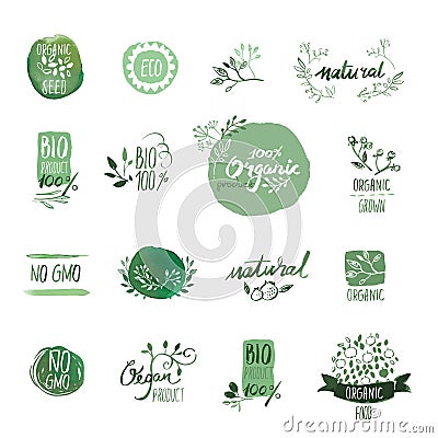 Set of organic food hand drawn watercolor badges and elements. Vector Illustration