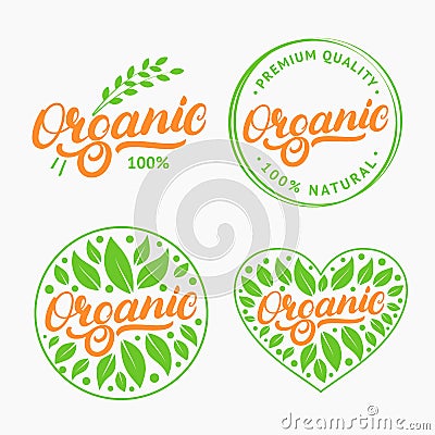 Set of Organic hand written lettering logo, label, badge, emblem with fresh bright green. Vector Illustration