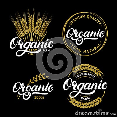 Set of Organic hand written lettering logos, labels, badges or emblems for natural fresh products. Vector Illustration