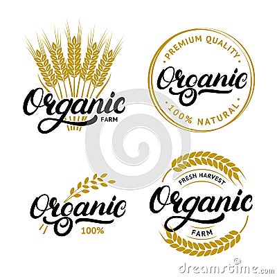 Set of Organic hand written lettering logos, labels, badges or emblems for natural fresh products. Vector Illustration