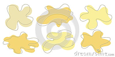 Set of organic irregular blob shapes with stroke line. Yellow random deform spot fluid circle Isolated on white Vector Illustration