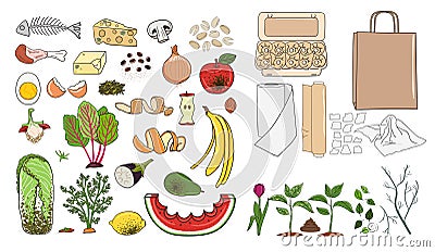 Set of organic waste - fruits, eggshell, vegetables, food leftovers, paper, garden greens. Recycling organic waste. Compost Vector Illustration