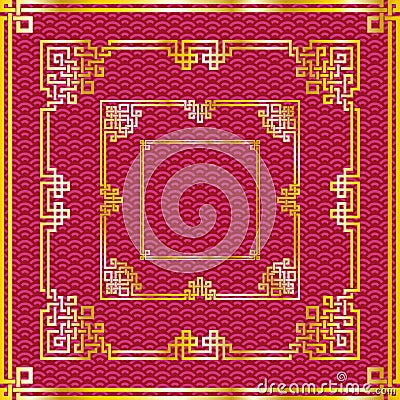 Set of oriental chinese golden square frames on pattern red back Vector Illustration