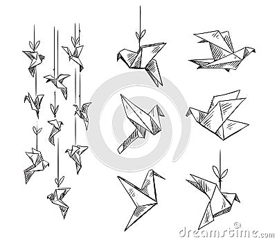 Set of origami birds, vector sketch Vector Illustration