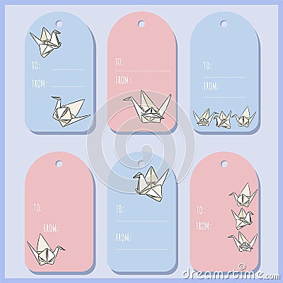 Set with origami paper swan gift tags. Vector labels collection Vector Illustration