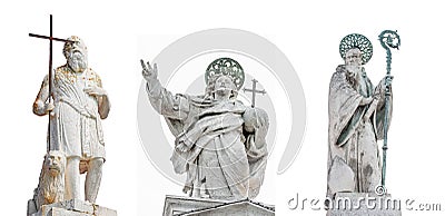 Set of original most famous ancient top sculptures at church roofs as symbols of Venice isolated at white background, Venice, Stock Photo