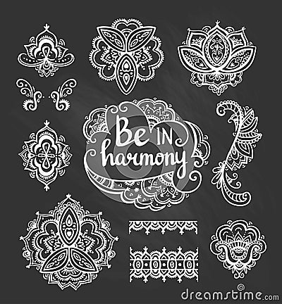 Set of Ornamental Boho Style flowers and elements. Vector illustration Vector Illustration