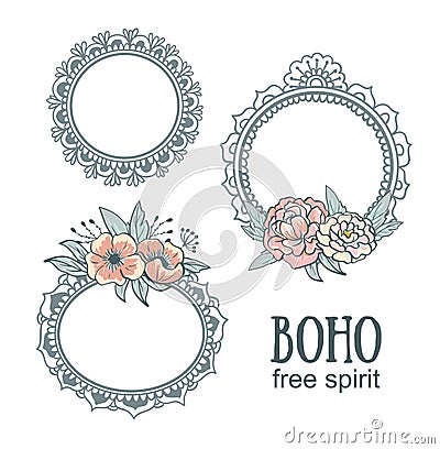 Set of Ornamental Boho Style Frames with flowers. Vector Illustration