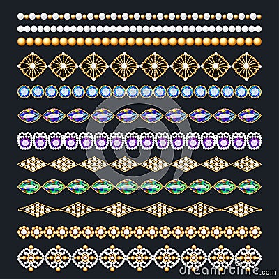 set of ornamental borders of beads of gold color an Vector Illustration