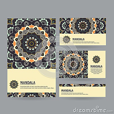 Set of ornamental business cards with flower mandala in dark col Cartoon Illustration