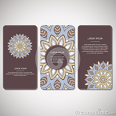 Set of ornamental cards, flyers with flower mandala in brown, bl Cartoon Illustration