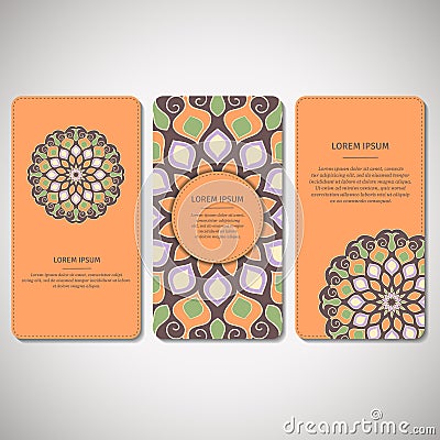 Set of ornamental cards, flyers with flower mandala in orange, , Cartoon Illustration