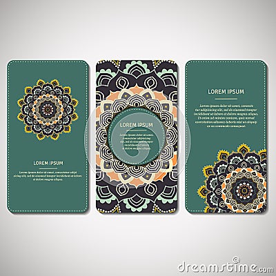 Set of ornamental cards, flyers with flower mandala in turquoise Vector Illustration