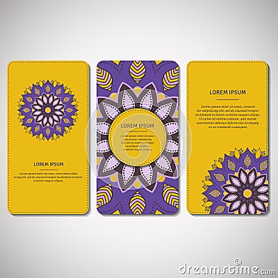 Set of ornamental cards, flyers with flower mandala. Cartoon Illustration