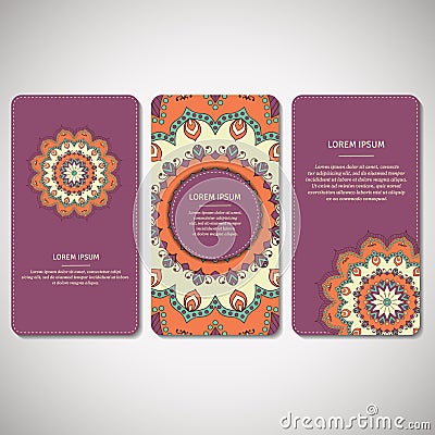 Set of ornamental cards, flyers with flower mandala in violet, o Cartoon Illustration