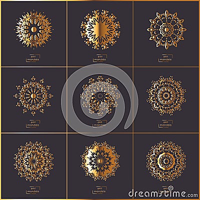 Set of ornamental cards with gold flower oriental mandala on dar Vector Illustration