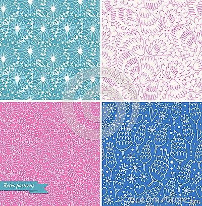 Set of ornamental cute seamless floral patterns. Decorative beauty backgrounds Vector Illustration