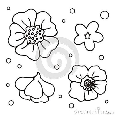 Set of ornamental flowers in line art style. Hand drawn illustrations on white background. Black elegant floral elements Vector Illustration