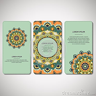 Set of ornamental hand drawn mandala cards, business, visiting t Cartoon Illustration