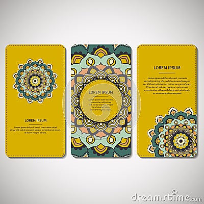 Set of ornamental hand drawn mandala cards, business, visiting t Cartoon Illustration