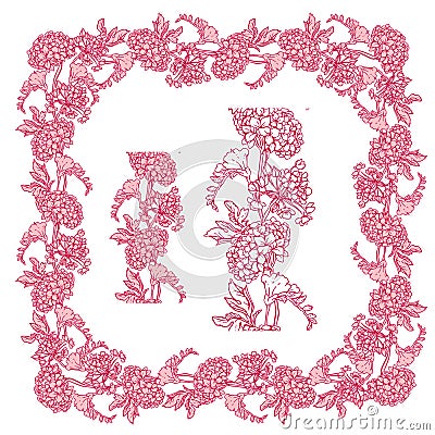 Set of ornaments in pink and red colors - decorative handdrawn f Vector Illustration