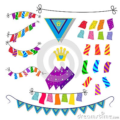 Set of ornaments with rectangular flags, illustration of children`s holiday colorful sets of flags to decorate cards or Vector Illustration