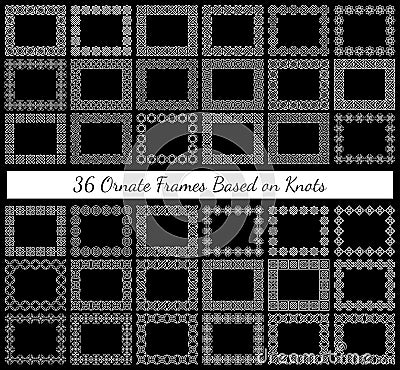 A set of 36 ornate rectangular frames based on various knots Vector Illustration