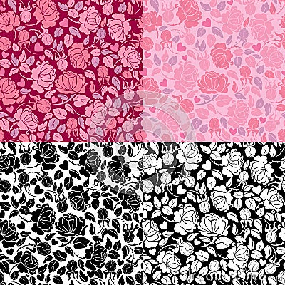 Set of ornate seamless patterns with roses silhouettes. Vector Illustration