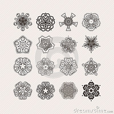 Set of ornate vector mandala symbols. Gothic lace tattoo. Celtic weave with sharp corners. Vector Illustration