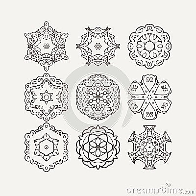 Set of ornate vector mandala symbols. Mehndi lace tattoo. Oriental weave. Vector Illustration